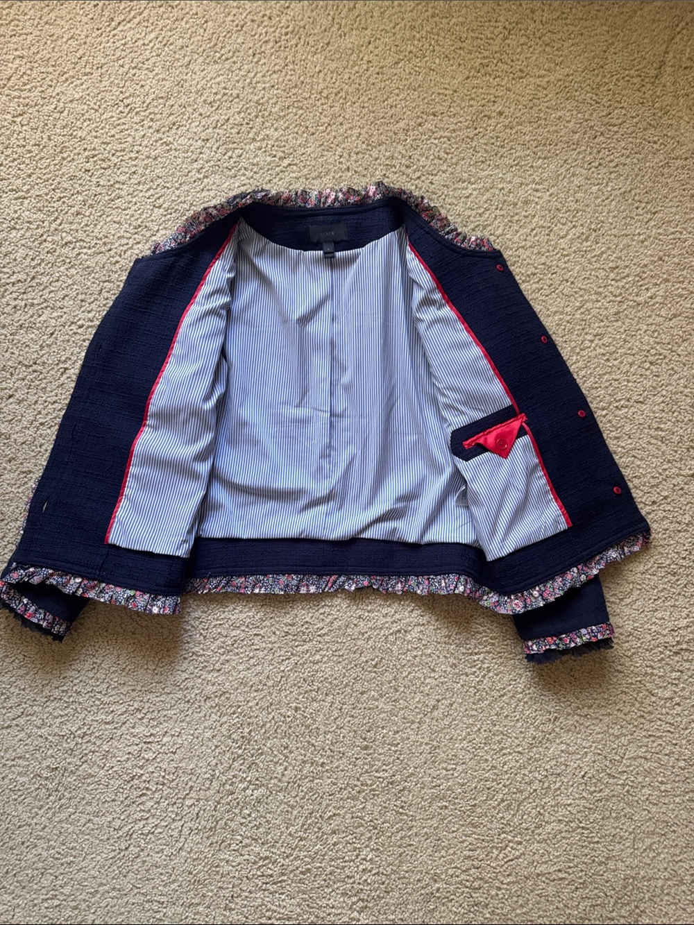J Crew Navy Tweed Jacket with Floral Trim - Picture 8 of 12